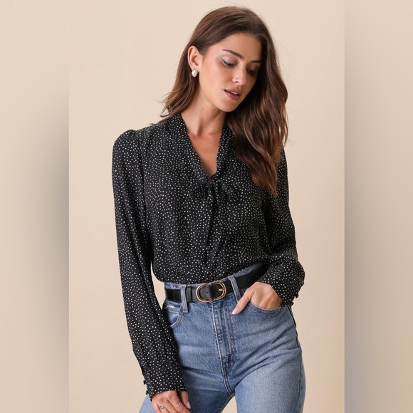 Lulus Black Polka Dot Tie Neck Women's Top Blouse Size S NWT - Picture 1 of 8